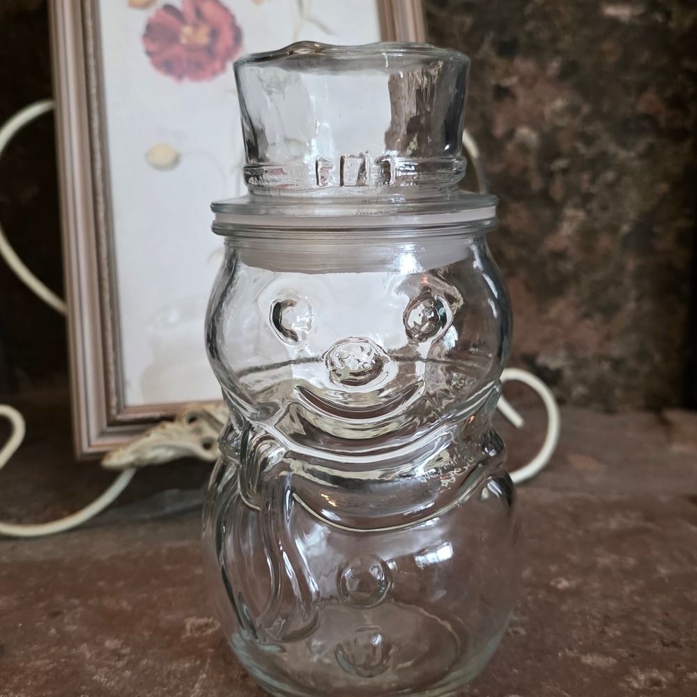 Vintage Clear Glass Snowman Jar with Top Hat Lid Airtight Holiday Candy Cookie
